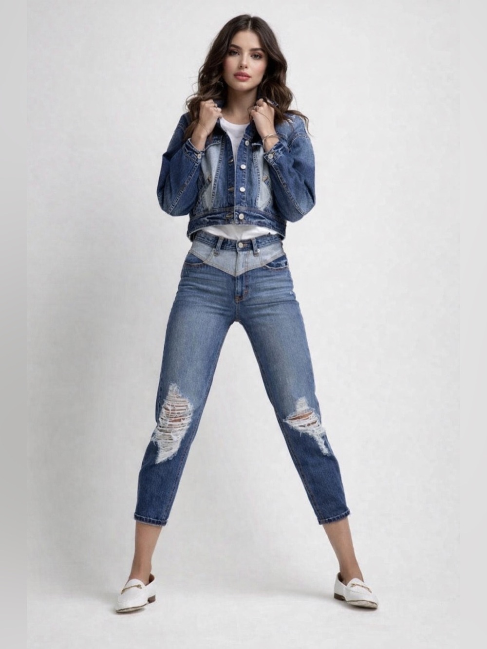 Jordache Heritage High Rise Two Tone Western Yoke Distressed Mom Jeans